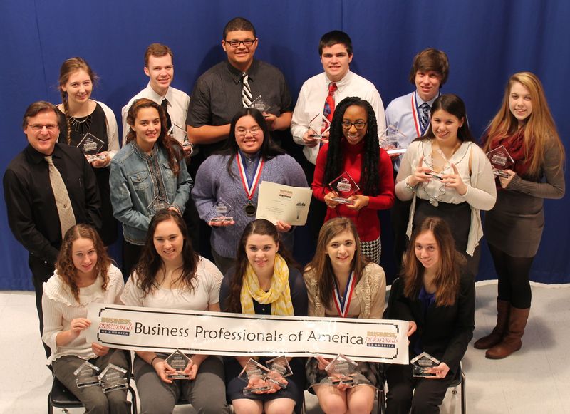 State winners in BPA competition include in back (l-r) Hannah Mayhorn, Lewes; Danny Halloran, Milton; Trey White, Millsboro; John Barrett, Lewes; Garrett LaCurts, Millsboro; and Emily Nichols, Milton; second row, BPA head advisor Frank Makray; Laura Zwiebel, Millsboro; Nhu Do, Seaford; Ty Showell, Millsboro; and Jess Singer, Milford. In front are Laurie Wroten, Greenwood; Heather Windels, Laurel; Olivia Outten, Georgetown; Chelsi Williams, Milton; and Madison Bendistis, Lincoln. SOURCE SUBMITTED